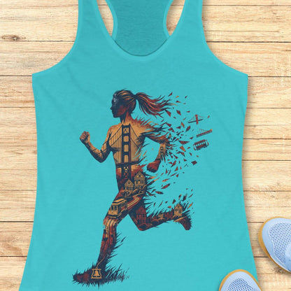 A turquoise racerback tank top laid flat on a light wood surface, featuring a large graphic of a running woman composed of Golden Gate Bridge, trains, and city elements. Partial shoes are visible at the bottom right as styling props.