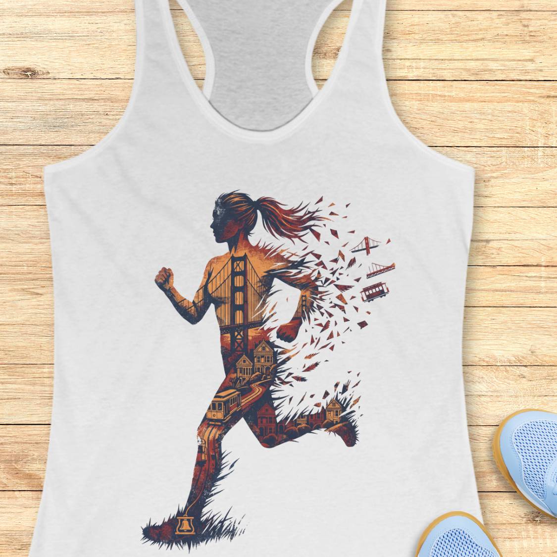 A white racerback tank top laid flat on a light wood surface, featuring a graphic of a running woman composed of architectural elements like the Golden Gate Bridge and skyscrapers. Part of a blue shoe is visible at the bottom right as a styling prop.