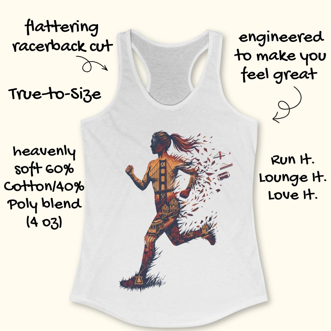 White racerback tank top with a graphic of a runner made of geometric patterns, surrounded by promotional text on a light beige background.