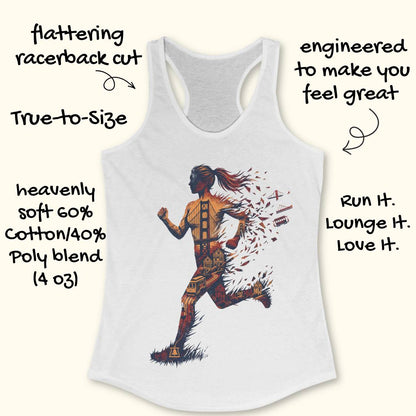 White racerback tank top with a graphic of a runner made of geometric patterns, surrounded by promotional text on a light beige background.