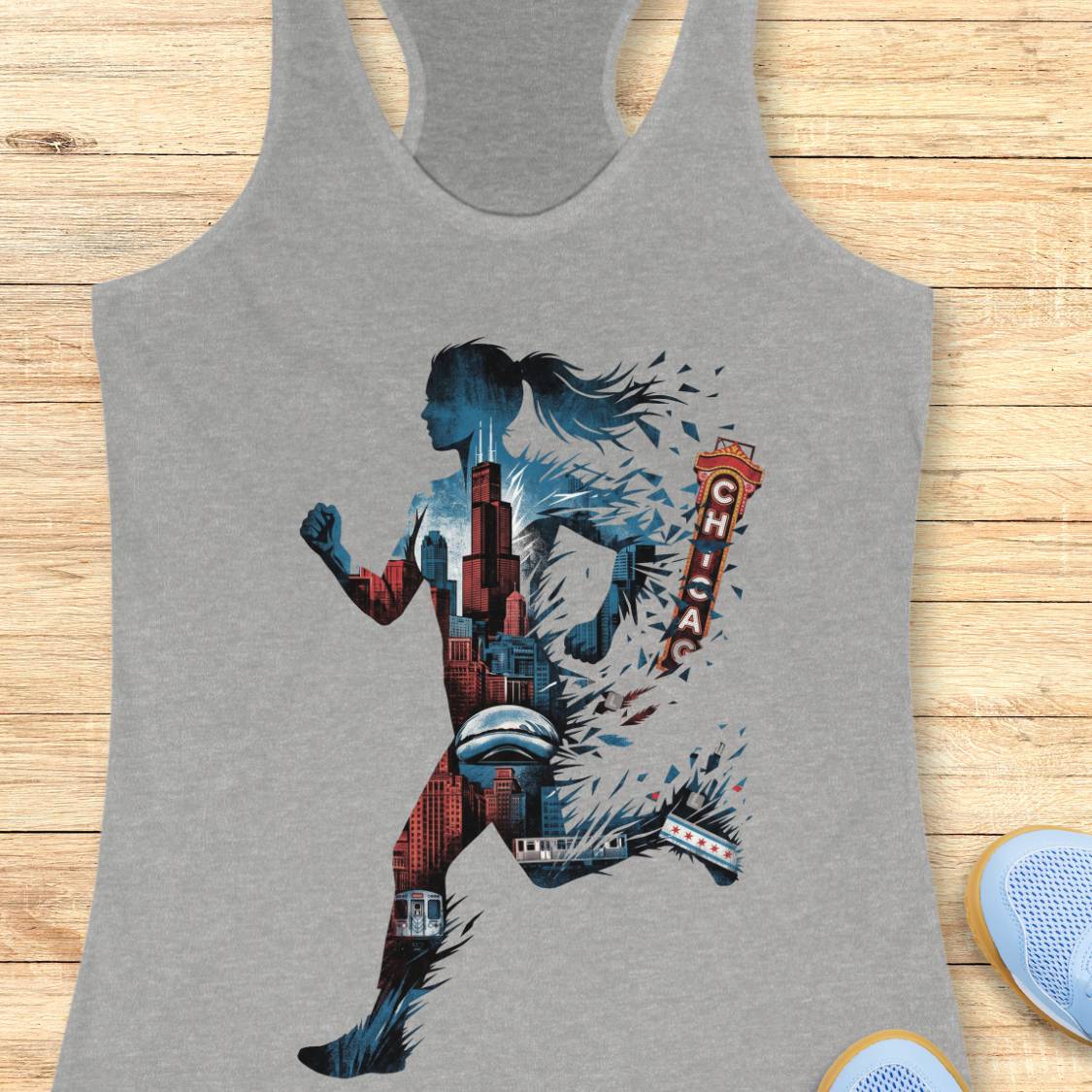 A heather gray racerback tank top featuring a large graphic print of a running woman filled with Chicago cityscape elements and a vertical 'CHICAGO' sign, displayed flat on a light wood background.