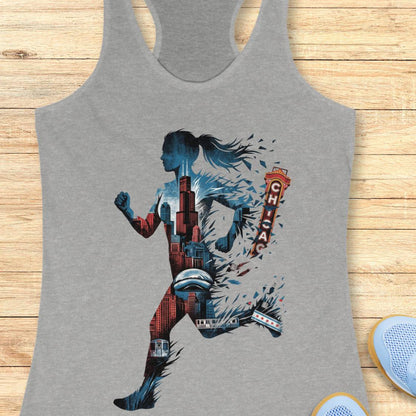 A heather gray racerback tank top featuring a large graphic print of a running woman filled with Chicago cityscape elements and a vertical 'CHICAGO' sign, displayed flat on a light wood background.