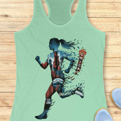 A mint green racerback tank top laid flat on a light wood background, featuring a large graphic of a running woman filled with Chicago cityscape elements and the word 'CHICAGO' on the side.