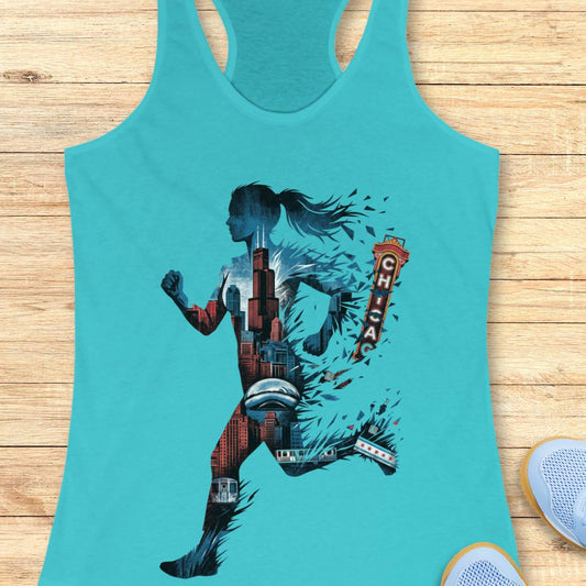A turquoise racerback tank top laid flat on a light wood surface, featuring a large graphic of a running woman filled with Chicago skyline elements and the word 'CHICAGO' in a red signpost design. Partial white sneakers are visible at the bottom right corners.