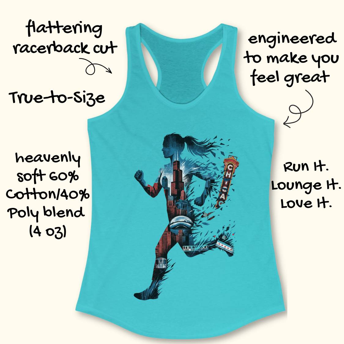 A turquoise racerback tank top with a graphic of a running woman made of books, featuring the word 'CHICANA' on a book spine. The image includes hand-drawn text highlighting product features and material details on a light beige background.