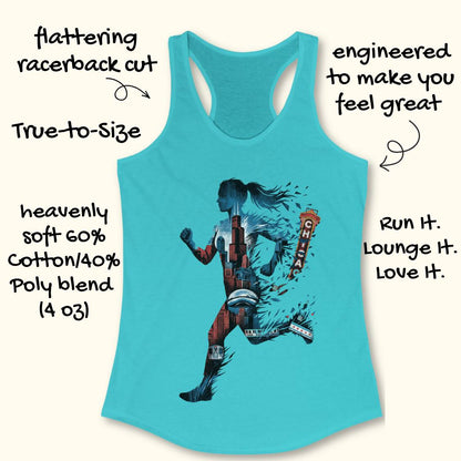 A turquoise racerback tank top with a graphic of a running woman made of books, featuring the word 'CHICANA' on a book spine. The image includes hand-drawn text highlighting product features and material details on a light beige background.