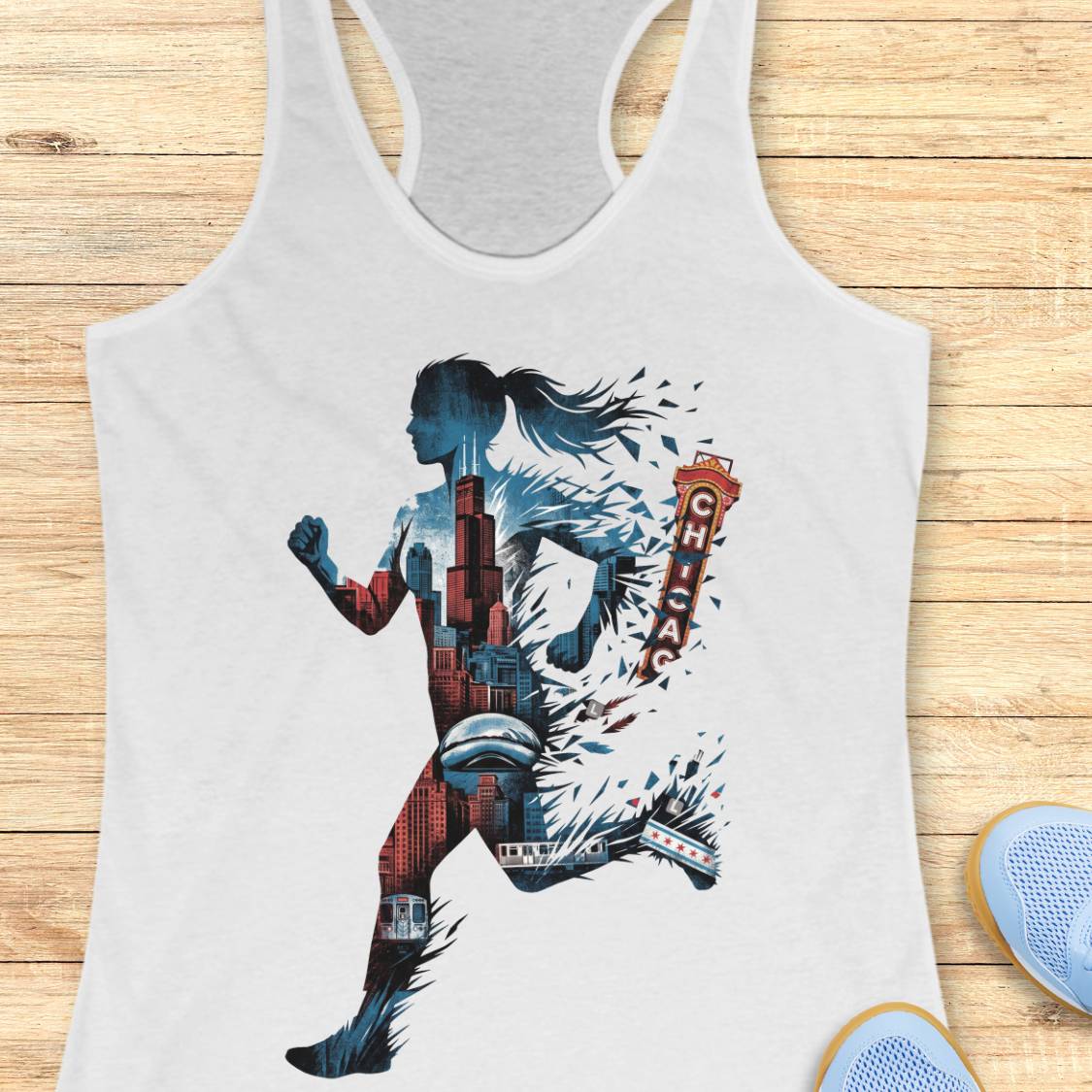A white racerback tank top laid flat on a light wood background, featuring a large graphic print of a running female silhouette filled with cityscape and Chicago-themed imagery, including the word 'CHICAGO'.