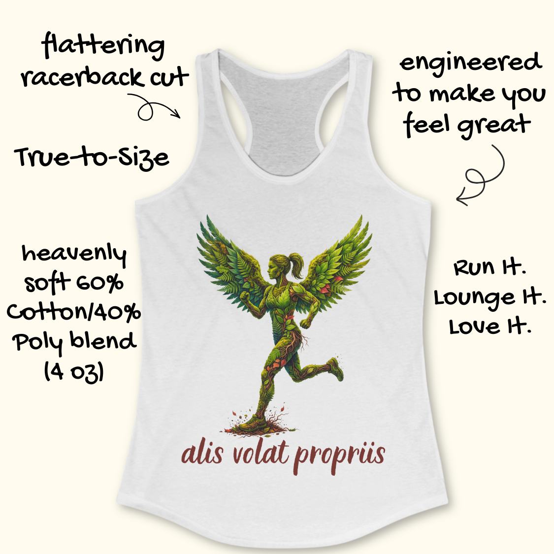White racerback tank top with a green winged running angel graphic and the text 'alis volat propriis' on the front, shown on a light cream background with decorative text callouts around it.