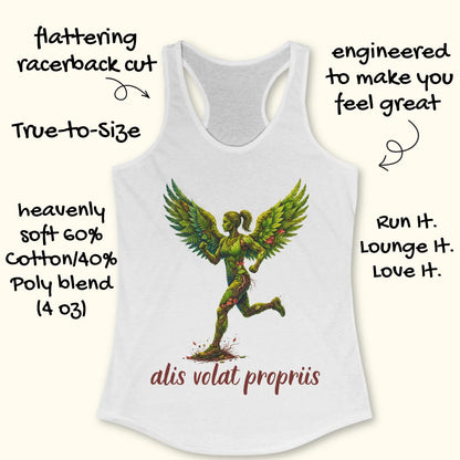White racerback tank top with a green winged running angel graphic and the text 'alis volat propriis' on the front, shown on a light cream background with decorative text callouts around it.