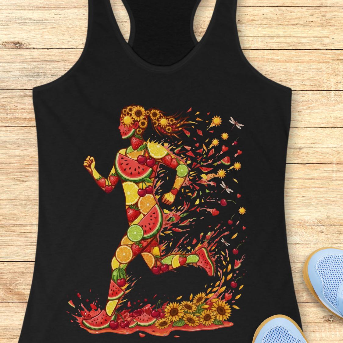 A black racerback tank top laid flat on a light wood surface, featuring a colorful graphic of a running female figure made from watermelon, citrus, sunflowers, and other summer fruits and flowers. A pair of blue sneakers is partially visible at the bottom right.