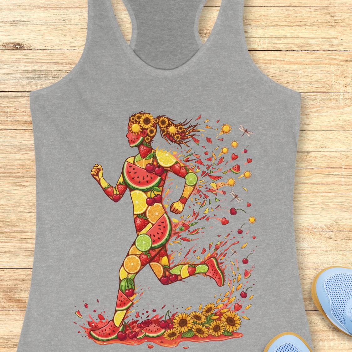 A heather gray racerback tank top featuring a colorful graphic of a running female figure made of watermelon, citrus, and sunflower motifs, displayed flat on a light wood background.