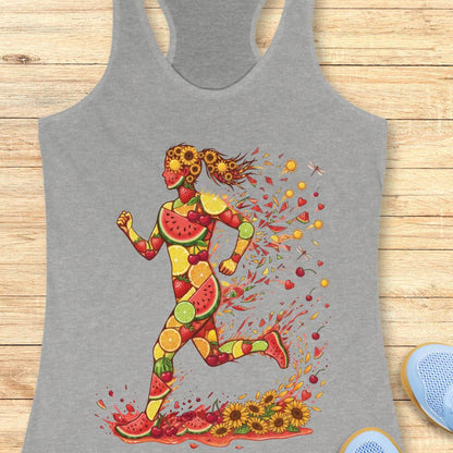 A heather gray racerback tank top featuring a colorful graphic of a running female figure made of watermelon, citrus, and sunflower motifs, displayed flat on a light wood background.