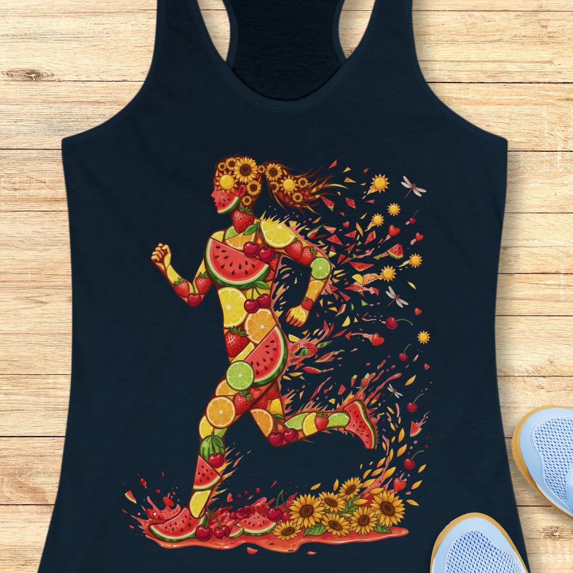 A navy racerback tank top laid flat on a light wood surface, featuring a colorful graphic of a running female figure made from watermelon, citrus, and sunflower motifs. Part of a white sneaker is visible at the bottom right.
