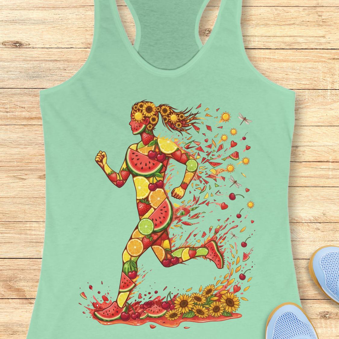 A mint green racerback tank top featuring a colorful graphic of a running woman composed of watermelon, lemon, and sunflower motifs, laid flat on a light wood background.