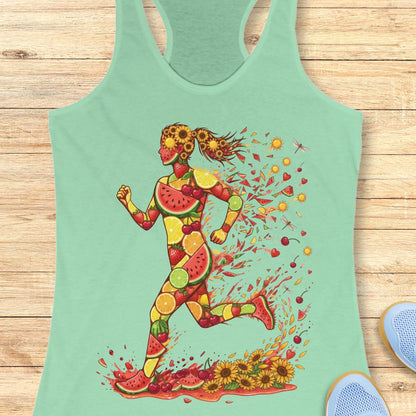 A mint green racerback tank top featuring a colorful graphic of a running woman composed of watermelon, lemon, and sunflower motifs, laid flat on a light wood background.