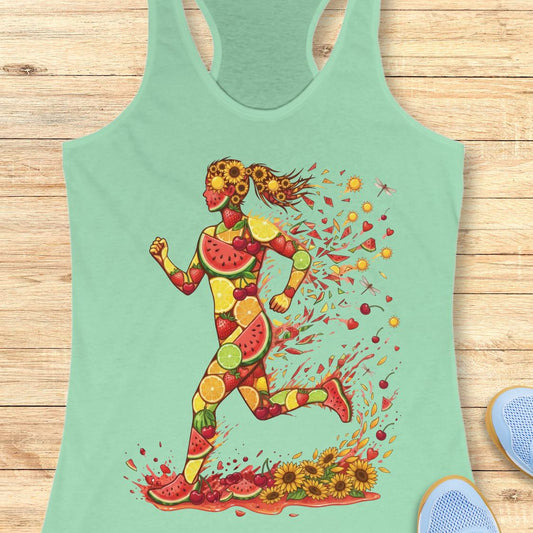A mint green racerback tank top featuring a colorful graphic of a running woman composed of watermelon, lemon, and sunflower motifs, laid flat on a light wood background.