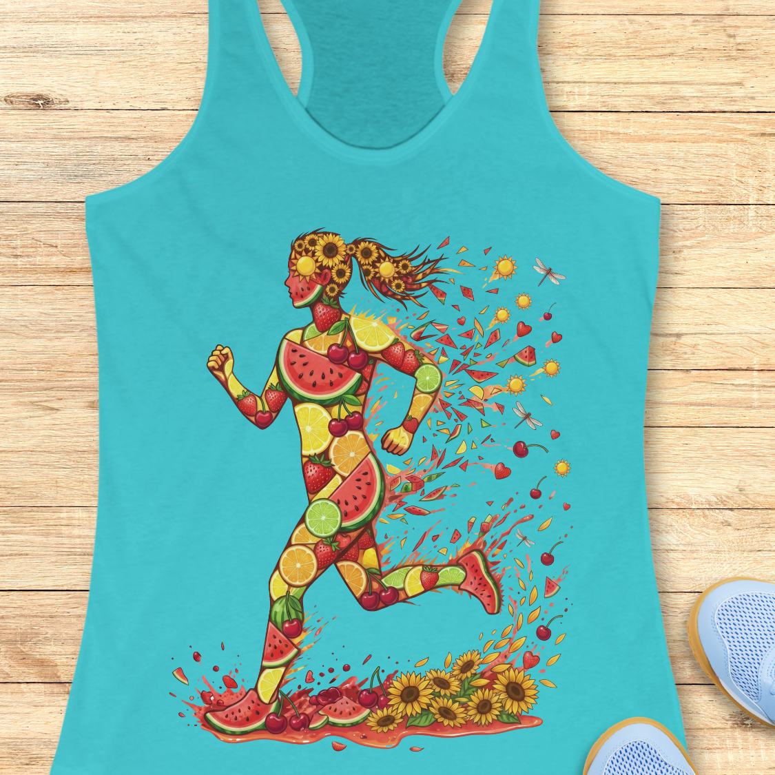A turquoise racerback tank top laid flat on a light wood surface, featuring a colorful graphic of a running woman composed of watermelon, citrus, and sunflower motifs with fruit splashes. Partial blue sneakers are visible at the bottom right as styling props.