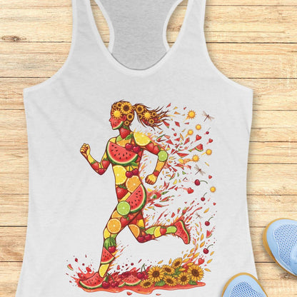 A white racerback tank top featuring a colorful graphic of a running woman composed of watermelon, citrus, and floral elements, laid flat on a light wood background.