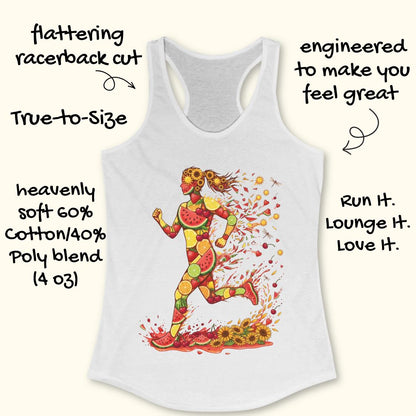 White racerback tank top with a colorful watermelon-themed runner graphic, shown on a light beige background with decorative text callouts around the product.
