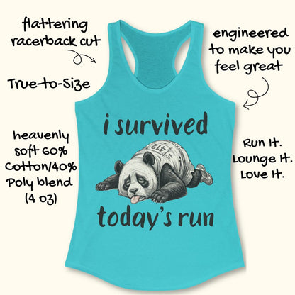 A turquoise racerback tank top with a panda graphic and the text 'i survived today's run' on a light cream background, surrounded by promotional handwritten text callouts.