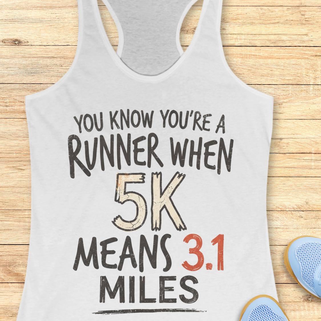 A white racerback tank top laid flat on a light wood background, printed with the phrase 'YOU KNOW YOU'RE A RUNNER WHEN 5K MEANS 3.1 MILES' in black and red lettering.