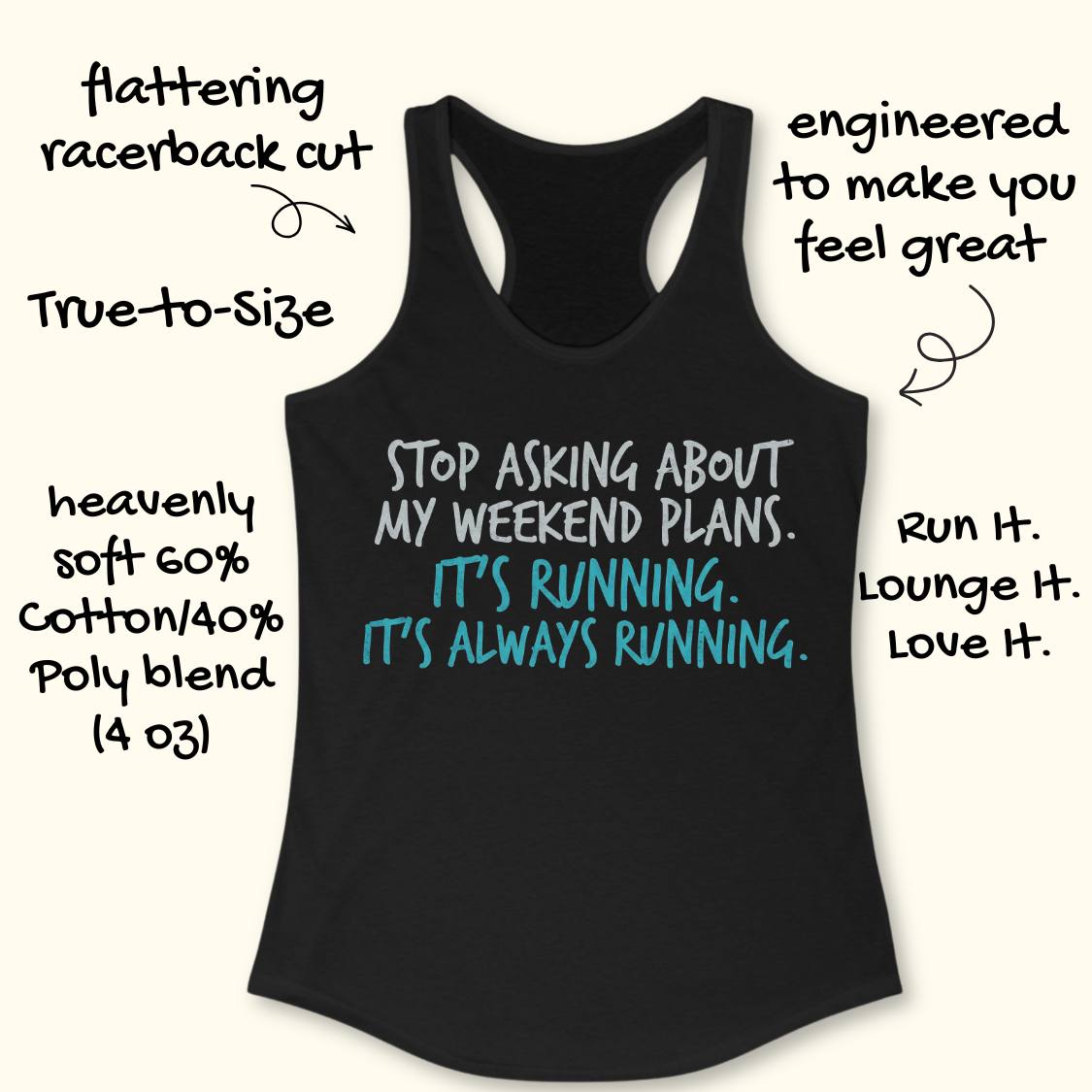 A black racerback tank top with a motivational quote printed on the front, surrounded by handwritten marketing text on a light cream background.
