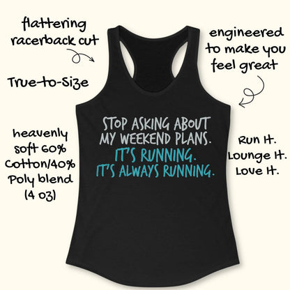 A black racerback tank top with a motivational quote printed on the front, surrounded by handwritten marketing text on a light cream background.