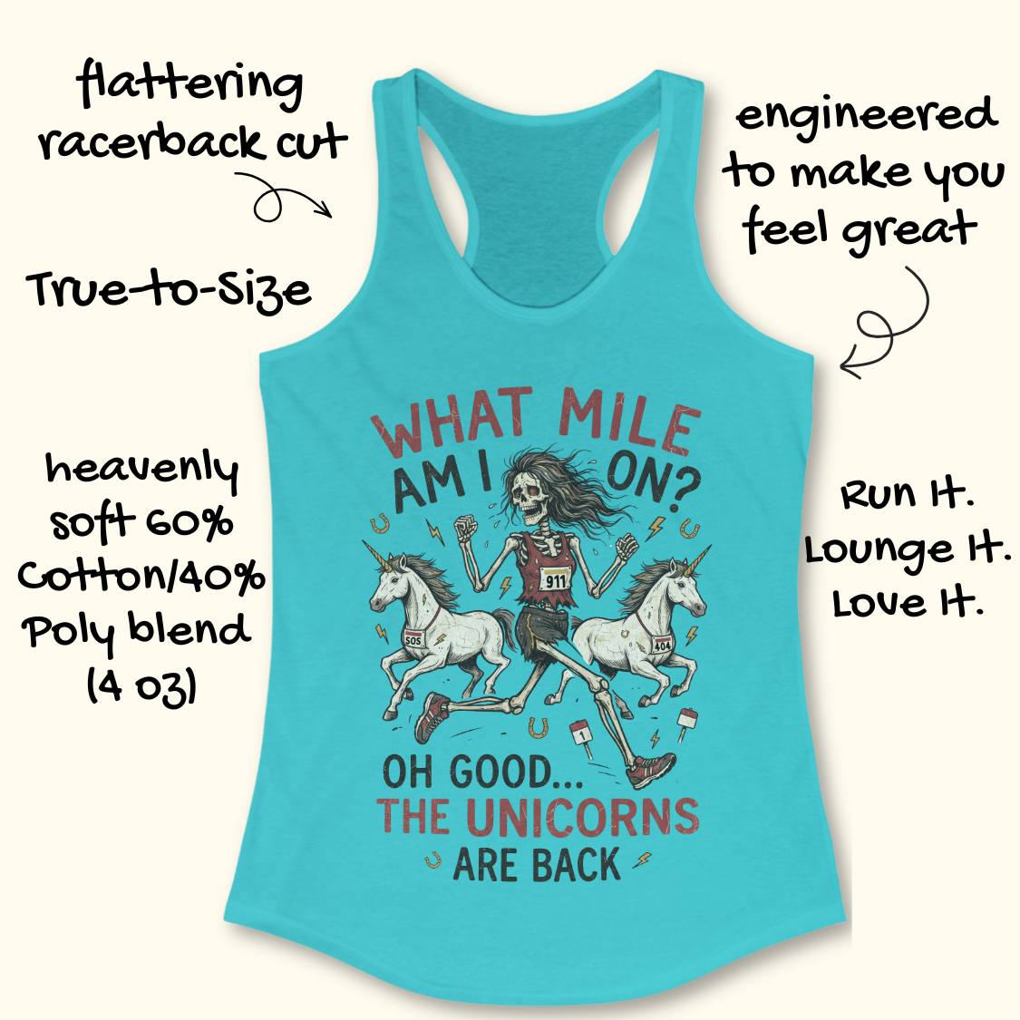 A turquoise racerback tank top laid flat on a light cream background, surrounded by handwritten marketing callouts describing fit and comfort. The shirt features a large front graphic of a skeleton running with two unicorns and the text 'WHAT MILE AM I ON? OH GOOD.