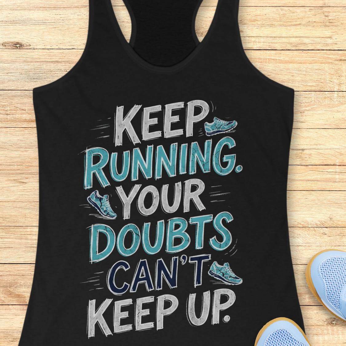 A black racerback tank top laid flat on a light wood background, featuring a motivational graphic that reads 'KEEP RUNNING YOUR DOUBTS CAN'T KEEP UP' in white and teal lettering with small shoe illustrations. Partial blue sneakers are visible at the bottom right as styling props.