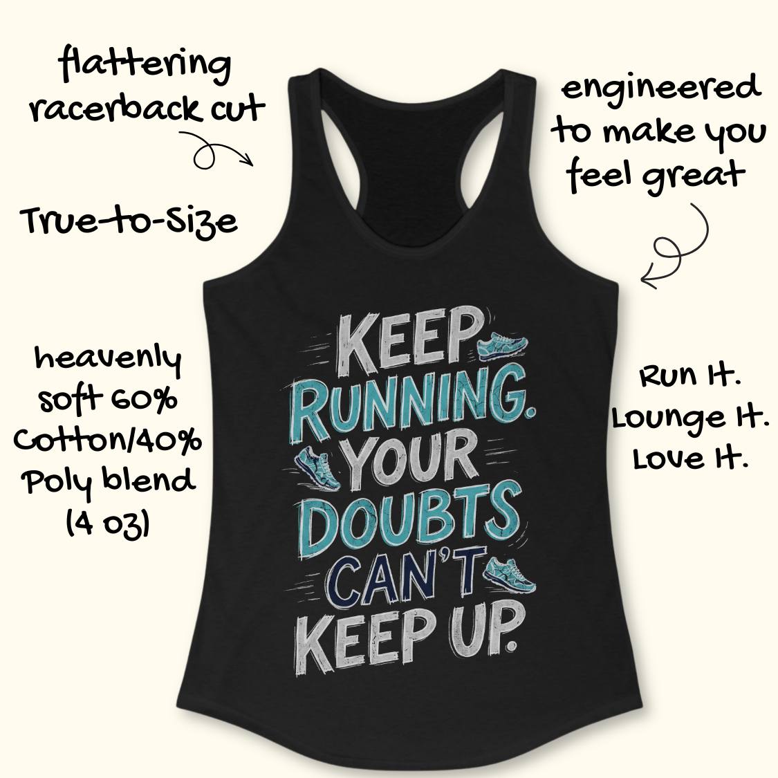 A black racerback tank top with a motivational graphic reading 'KEEP RUNNING. YOUR DOUBTS CAN'T KEEP UP.
