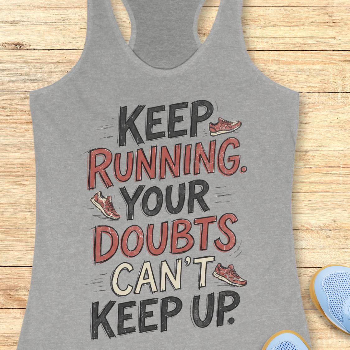 A heather gray racerback tank top with a motivational graphic reading 'KEEP RUNNING YOUR DOUBTS CAN'T KEEP UP' in black and red lettering, styled flat on a light wood background with partial blue sneakers visible at the edges.