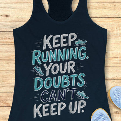 A navy blue racerback tank top with a motivational graphic reading 'KEEP RUNNING YOUR DOUBTS CAN'T KEEP UP.' in white and teal lettering, styled flat on a light wood background with running shoes partially visible at the edges.