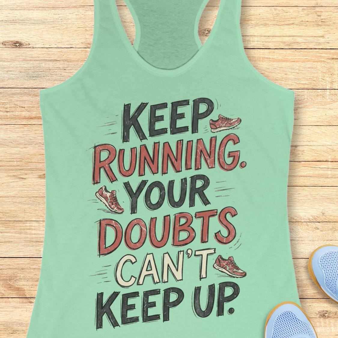 A mint green racerback tank top with a motivational graphic reading 'KEEP RUNNING. YOUR DOUBTS CAN'T KEEP UP.