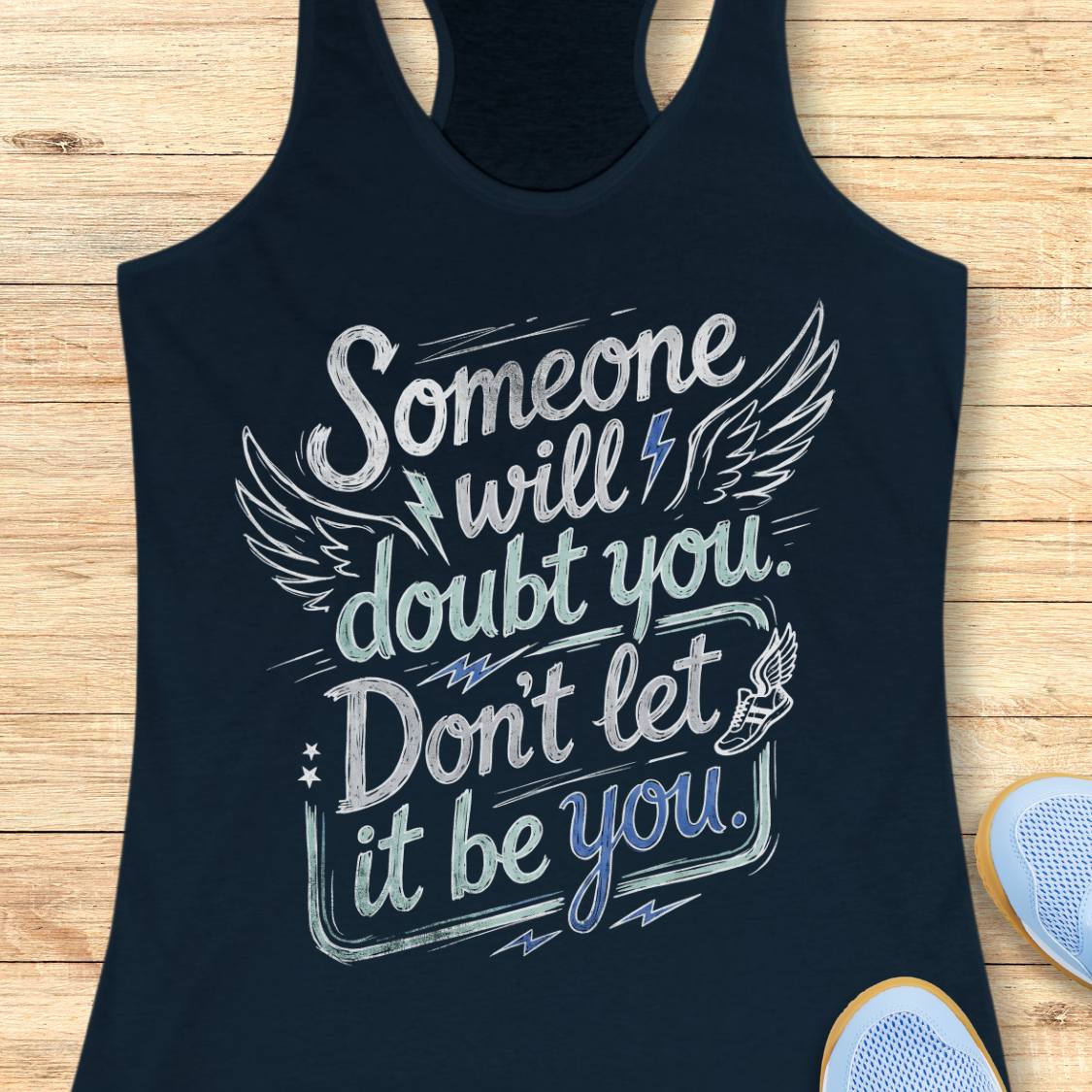 A navy blue racerback tank top with a motivational graphic reading 'Someone will doubt you. Don't let it be you.