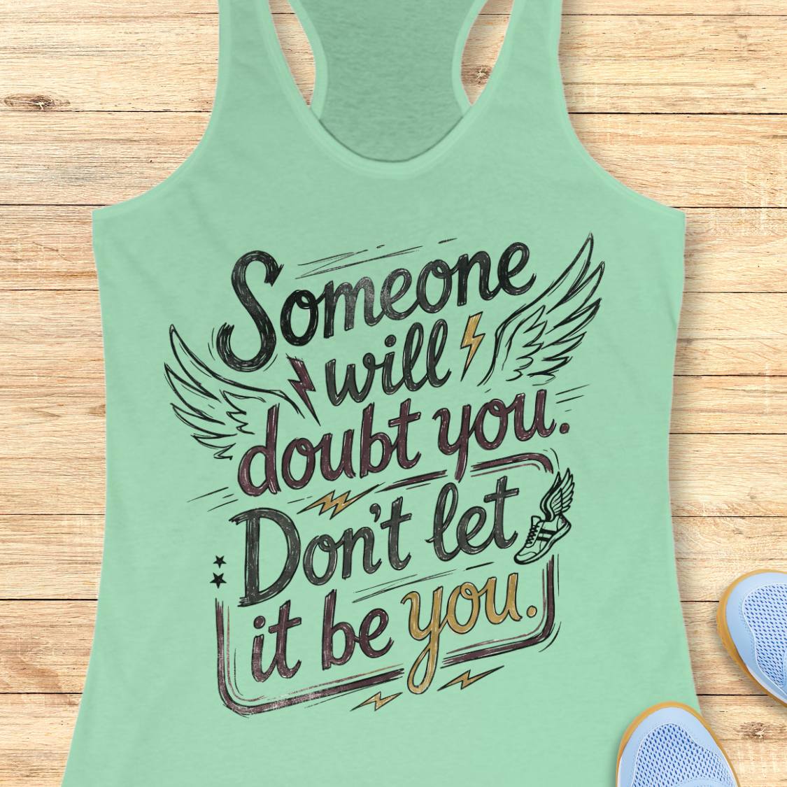A mint green racerback tank top with a motivational graphic reading 'Someone will doubt you. Don't let it be you.