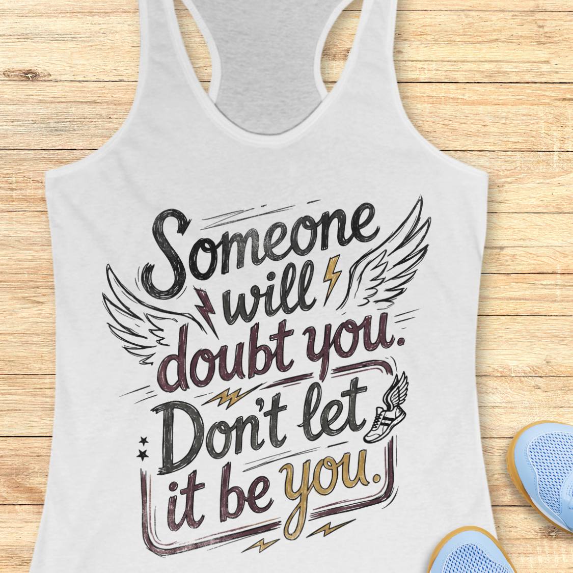 A white racerback tank top with a motivational graphic reading 'Someone will doubt you. Don't let it be you.