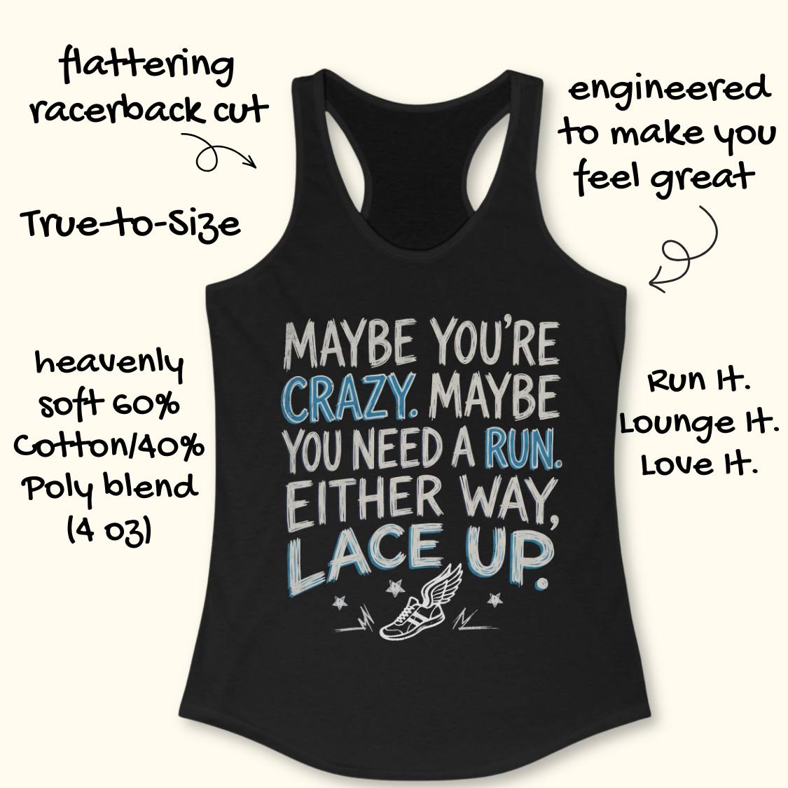 Black racerback tank top with motivational text and a shoe graphic, shown on a light beige background with handwritten promotional callouts around it.