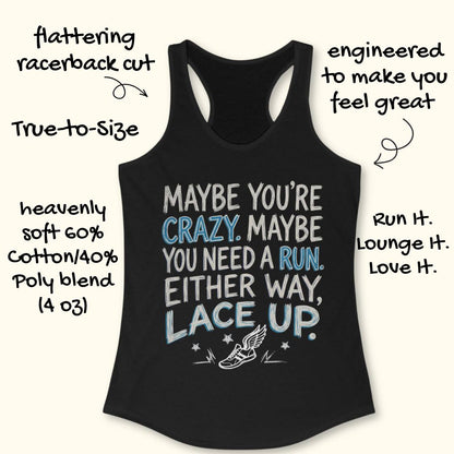 Black racerback tank top with motivational text and a shoe graphic, shown on a light beige background with handwritten promotional callouts around it.