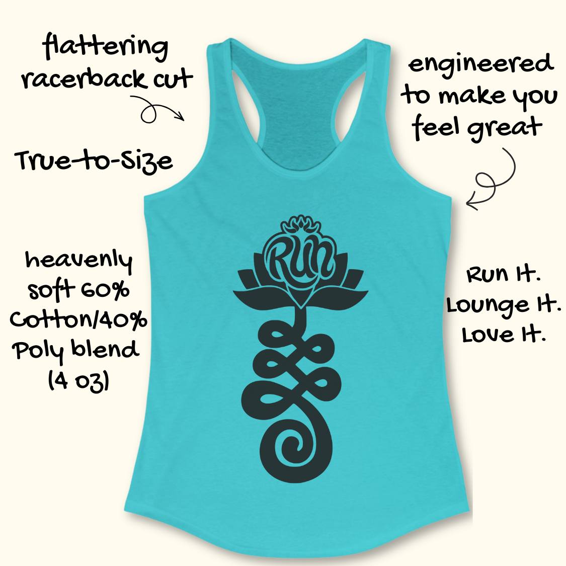 A turquoise racerback tank top with a black lotus flower and infinity knot graphic on the front, shown on a light beige background with decorative text callouts around it.