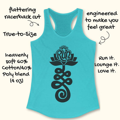 A turquoise racerback tank top with a black lotus flower and infinity knot graphic on the front, shown on a light beige background with decorative text callouts around it.