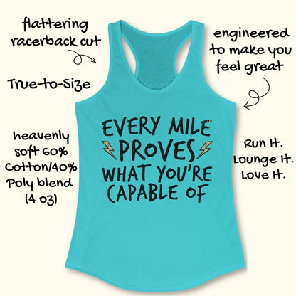 A turquoise racerback tank top with a motivational graphic reading 'EVERY MILE PROVES WHAT YOU'RE CAPABLE OF' in black text with small lightning bolt accents. Hand-drawn style text around the garment highlights features like flattering racerback cut, true-to-size fit, soft cotton/poly blend fabric, and strong design appeal.