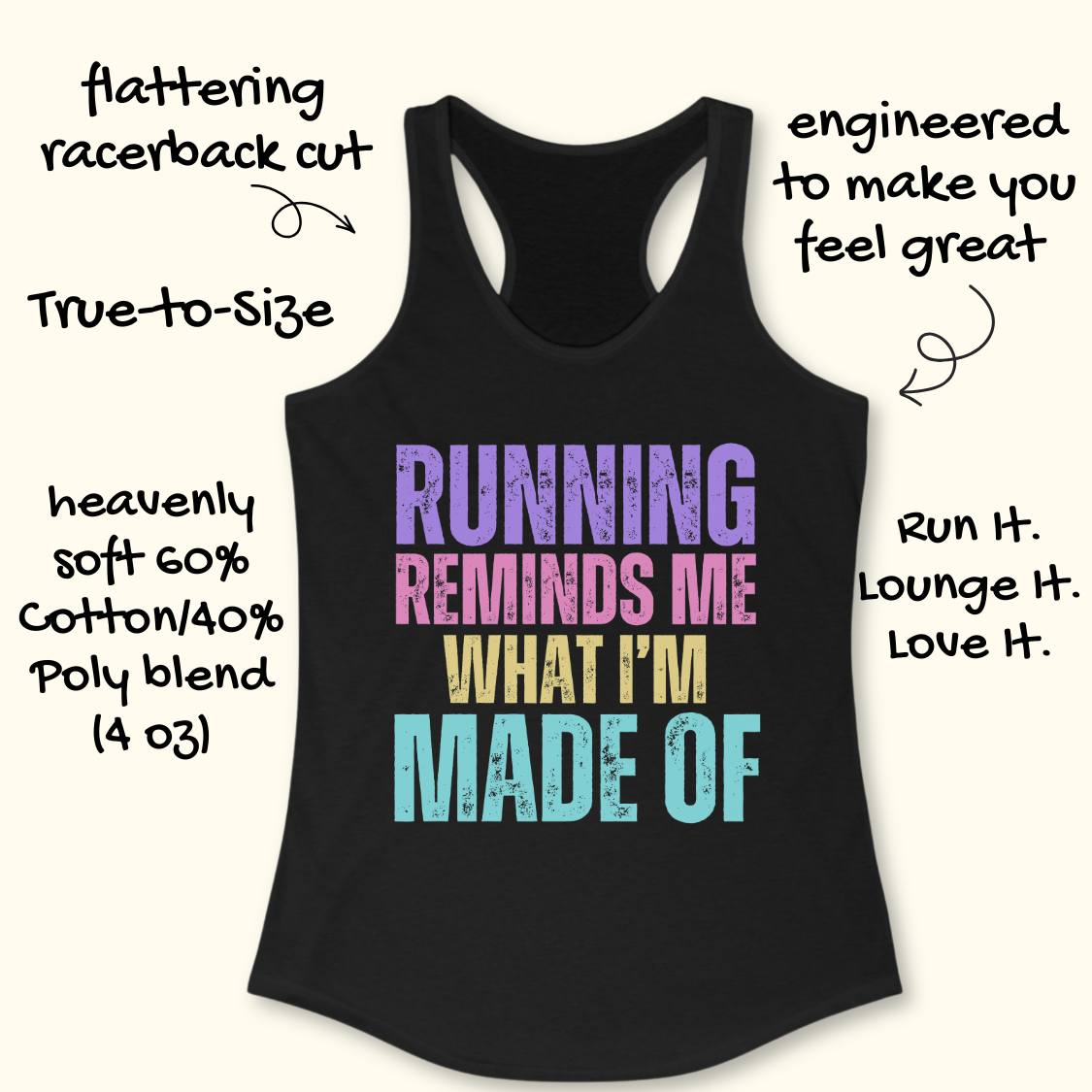 A black racerback tank top with a colorful graphic text print reading 'RUNNING REMINSDS ME WHAT I'M MADE OF' in purple, pink, yellow, and blue. The image is set against a light cream background with several hand-written style text overlays describing the product features.