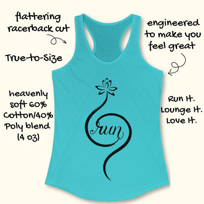 A turquoise racerback tank top with a black graphic of a lotus flower and the word 'run' integrated into a curling tail shape. The image includes hand-drawn text callouts describing the product features and fabric composition.