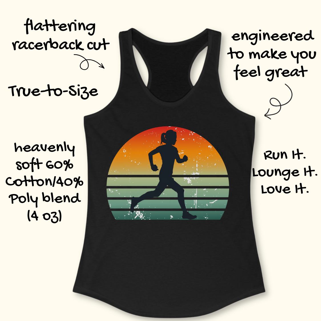 Black racerback tank top with a distressed retro sunset graphic of a running silhouette, shown on a light beige background with decorative text callouts.