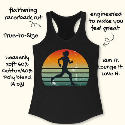 Black racerback tank top with a distressed retro sunset graphic of a running silhouette, shown on a light beige background with decorative text callouts.