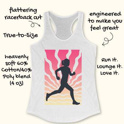 White racerback tank top with a colorful graphic of a runner silhouette against pink and orange wavy stripes. Hand-drawn style black text surrounds the tank top highlighting features like flattering racerback cut, true-to-size, and soft cotton/poly blend fabric.