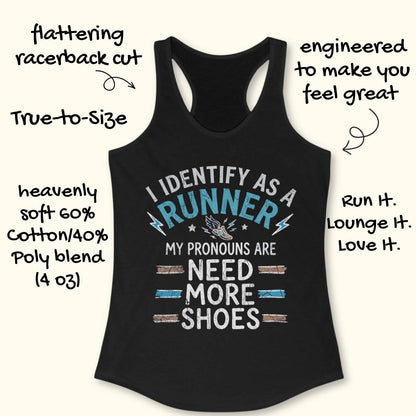Black racerback tank top with a humorous pronoun graphic for runners, displayed on a light beige background with decorative text callouts describing its features.