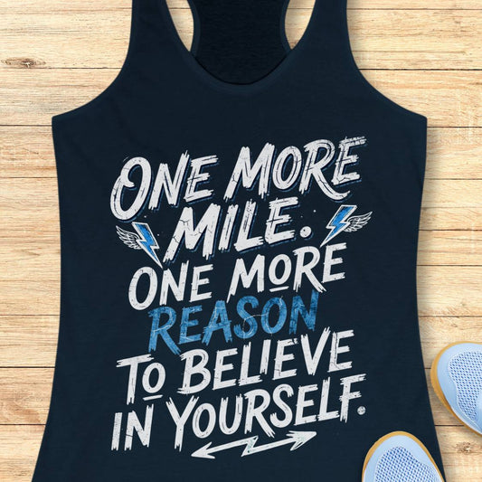 A navy racerback tank top featuring  the text 'one more mile. one more reason to believe in yourself' printed on the front, displayed flat on a light wood background.