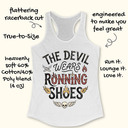 A white racerback tank top with a graphic that reads 'THE DEVIL WEARS RUNNING SHOES' in black and red lettering, with small flame and wing illustrations. Handwritten marketing text surrounds the garment on a light cream background.