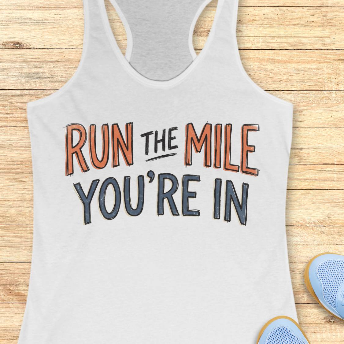 A white racerback tank top laid flat on a light wood background, featuring the motivational text 'RUN THE MILE YOU'RE IN' in orange and dark gray lettering. Partial blue sneakers are visible at the bottom right as styling props.